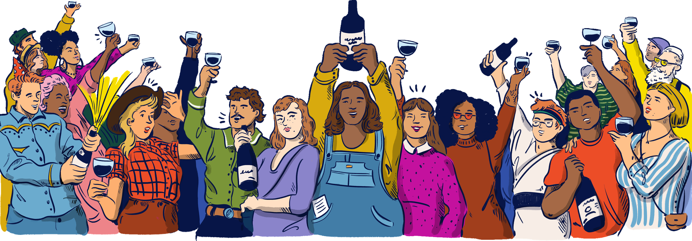 Illustration of a diverse crowd raising wine glasses